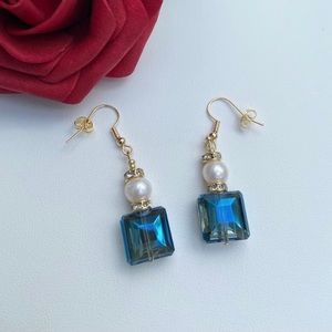 Blue Crystal Square & Pearl Earrings Gold Plated. Hand Made, Cornerstone Jewels
